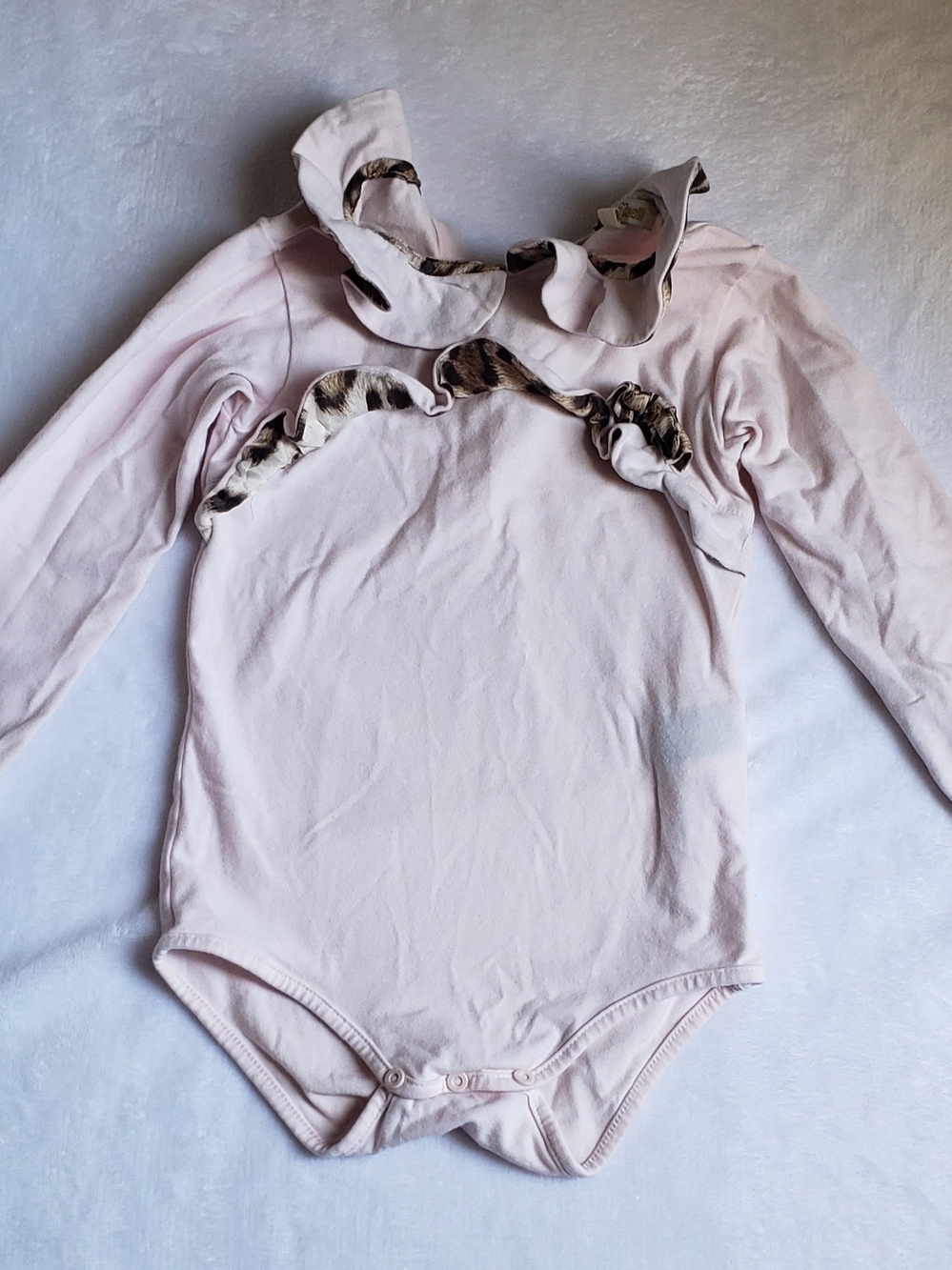 Roberto Cavalli Light Pink Long Sleeve Ruffle Bodysuit with Animal Print Trim